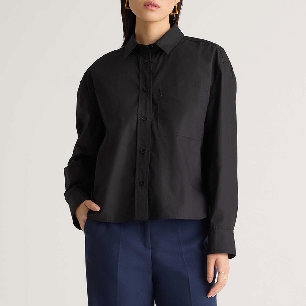 Quince Black 100% Organic Cotton Poplin Cropped Long Sleeve Shirt S